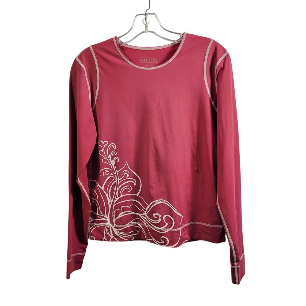 Athleta Pink Long Sleeve Tee Shirt Size 8 White Floral Design 92125-1206 - Picture 2 of 9